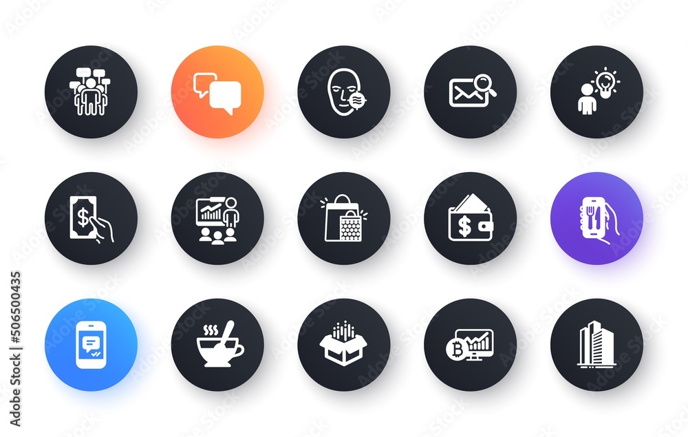 Minimal set of Group people, Restaurant app and Bitcoin chart flat icons for web development. Open box, Speech bubble, Receive money icons. Wallet, Search mail, Presentation web elements. Vector Minimal set of Group people, Restaurant app and Bitcoin chart flat icons for web development. Open box, Speech bubble, Receive money icons. Wallet, Search mail, Presentation web elements. Vector