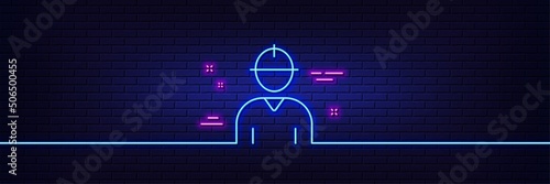 Neon light glow effect. Worker line icon. Engineer Profile sign. Male Person silhouette symbol. 3d line neon glow icon. Brick wall banner. Engineer outline. Vector