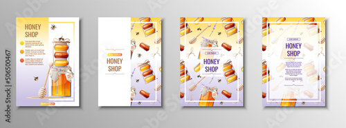 Honey products flyer set. Honey shop, honey bank, honeycombs. Template, cover, poster in a4 size for business