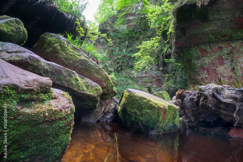 Finnich Glen.The Devil’s Pulpit in Scotland. UK. Steep glen from the red sandstone by the Carnock Burn. Circular rock known as the Devil's Pulpit and a steep staircase known as the Devil's Steps Finnich Glen.The Devil’s Pulpit in Scotland. UK. Steep glen from the red sandstone by the Carnock Burn. Circular rock known as the Devil's Pulpit and a steep staircase known as the Devil's Steps