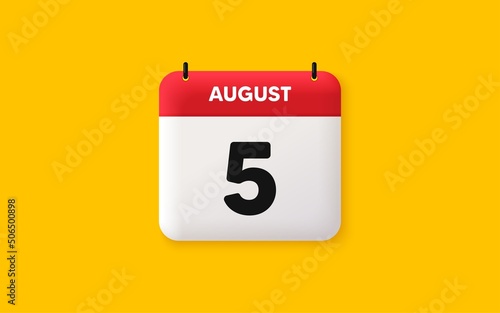 Calendar date 3d icon. 5th day of the month icon. Event schedule date. Meeting appointment time. Agenda plan, August month schedule 3d calendar and Time planner. 5th day day reminder. Vector