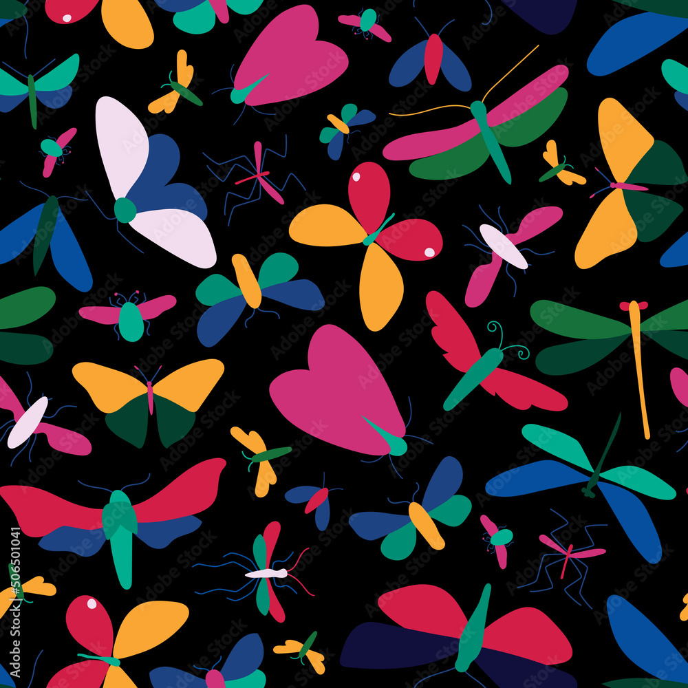 A seamless pattern of colorful bright insects, twigs, hearts. Perfect for wallpapers, gift paper, greeting cards, fabrics, textiles, web designs. Vector illustration. Hand drawn. A seamless pattern of colorful bright insects, twigs, hearts. Perfect for wallpapers, gift paper, greeting cards, fabrics, textiles, web designs. Vector illustration. Hand drawn.