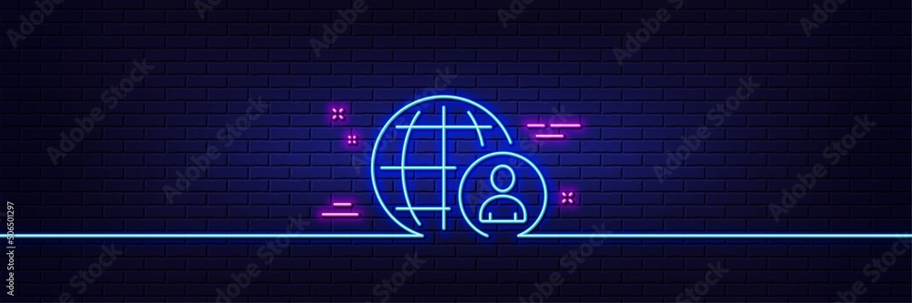 Neon light glow effect. International business recruitment line icon. Global human resources sign. 3d line neon glow icon. Brick wall banner. International recruitment outline. Vector Neon light glow effect. International business recruitment line icon. Global human resources sign. 3d line neon glow icon. Brick wall banner. International recruitment outline. Vector
