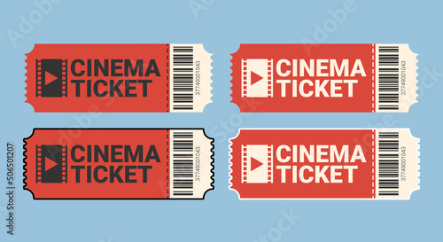 Four red cinema tickets with a barcode. Vector, flat, vintage style.