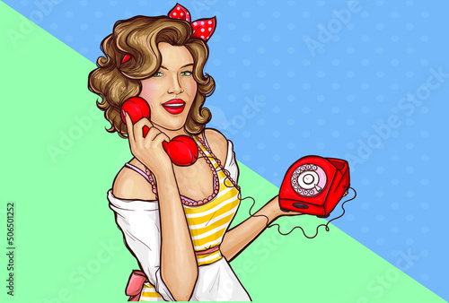 Wow pop art face. Sexy surprised young woman holding old phone handset with bubble. Vector background in pop art retro comic style
