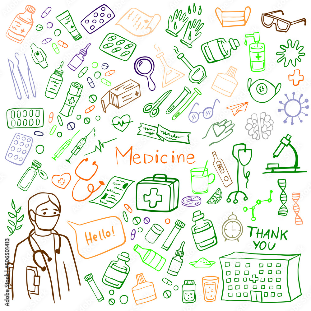 Colorful Medicine icons doodle set on white. Health care, pharmacy icons. Vector illustration.