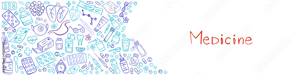 Banner of Medicine icons doodle set on whate. Health care, pharmacy icons. Vector illustration. Banner of Medicine icons doodle set on whate. Health care, pharmacy icons. Vector illustration.