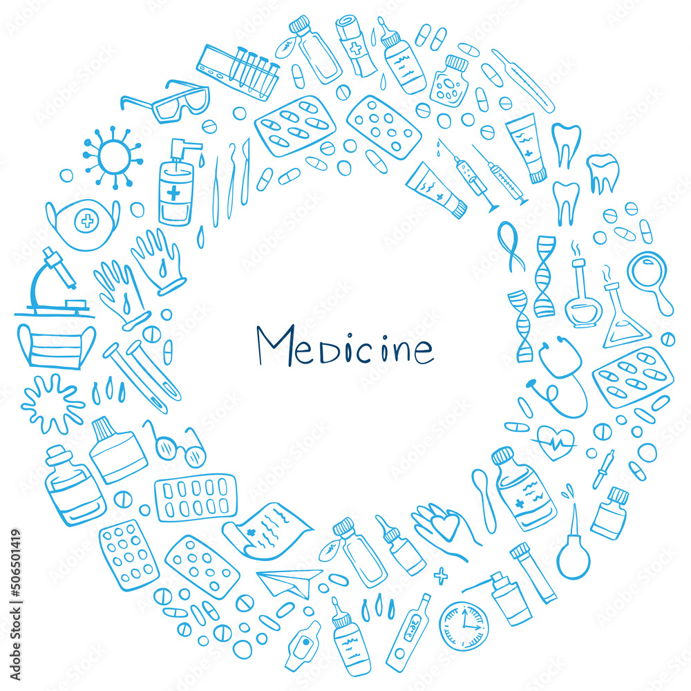 Blue Medicine icons doodle set on white. Health care, pharmacy icons. Vector illustration.