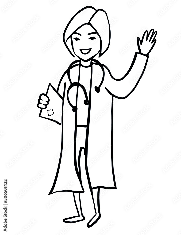 Doctor with stethoscope on white. Woman. Outline vector illustration. Doctor with stethoscope on white. Woman. Outline vector illustration.