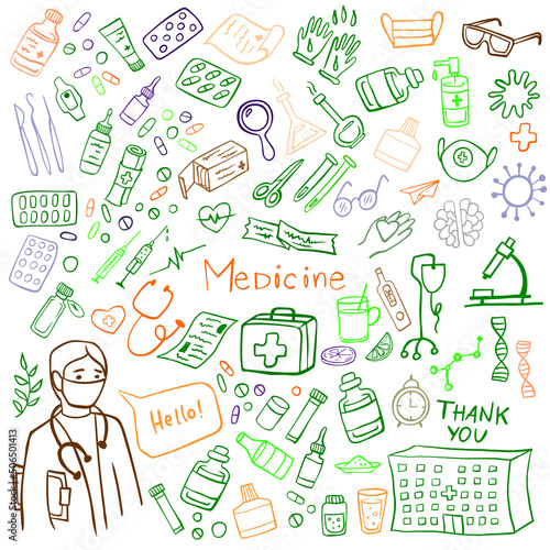 Colorful Medicine icons doodle set on white. Health care, pharmacy icons. Vector illustration.