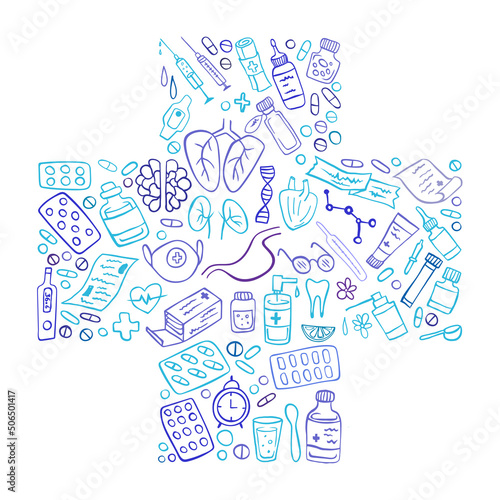 Medicine doodle set in the form of a medical cross on white. Health care, pharmacy icons. Vector illustration.