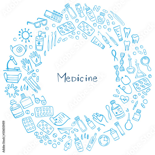 Blue Medicine icons doodle set on white. Health care, pharmacy icons. Vector illustration.