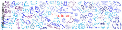 Banner of Medicine icons doodle set on whate. Health care, pharmacy icons. Vector illustration.