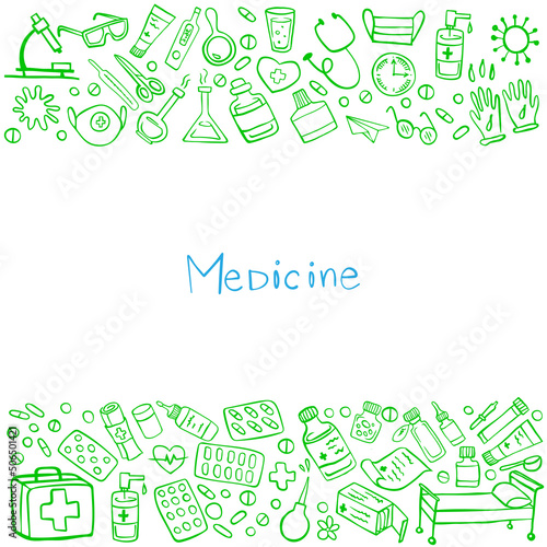 Template Medicine frame doodle set on white. Health care, pharmacy icons. Vector illustration.