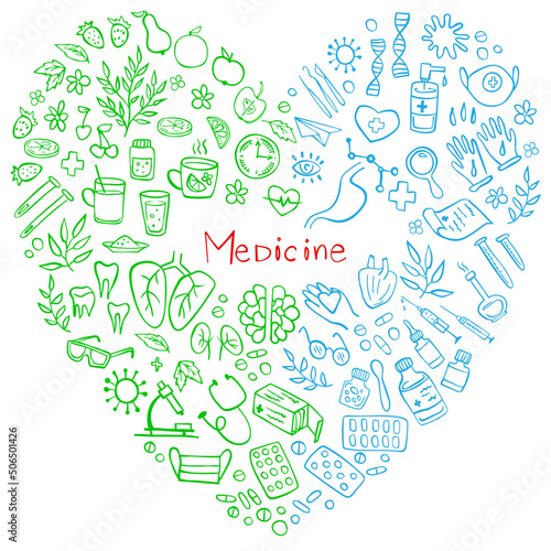 Hand Drawn medicine green-blue doodle in the shape of a heart on white. Vector illustration.