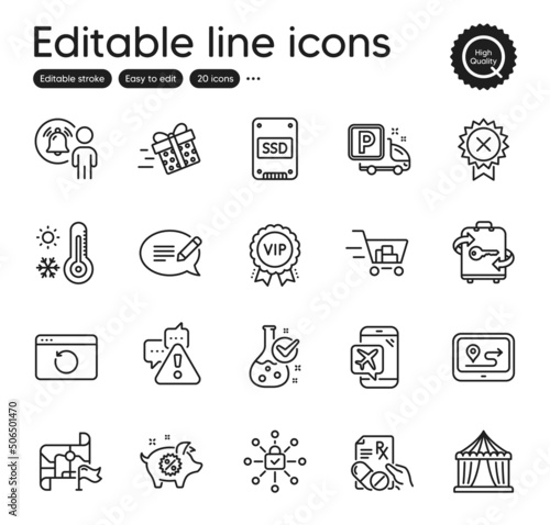 Set of Business outline icons. Contains icons as Warning, Message and Flight mode elements. User notification, Prescription drugs, Destination flag web signs. Luggage, Circus tent. Vector