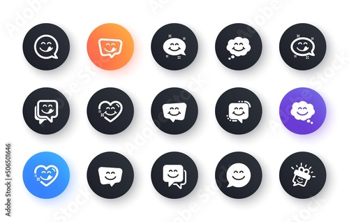 Yummy smile icons. Emoticon speech bubble, social media message, smile with tongue. Tasty food eating emoji face icons. Delicious yummy, happy emoticon. Classic set. Circle web buttons. Vector