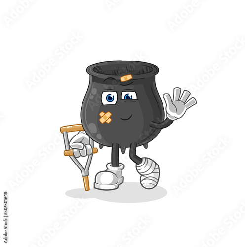 cauldron sick with limping stick. cartoon mascot vector