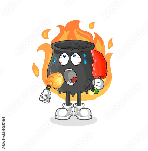 cauldron eat hot chilie mascot. cartoon vector