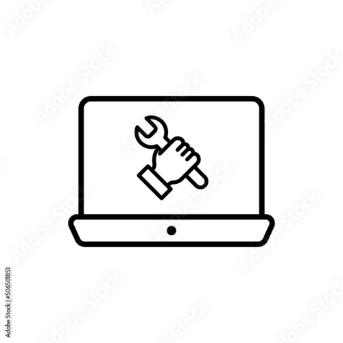 Laptop with repair sign on screen. Notebook fix service symbol. Computer repair service, maintenance, technical support. Outline sign for: illustration, infographic, logo, web, dev, ui. Vector EPS 10 photo