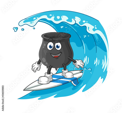 Canvas Print cauldron surfing character. cartoon mascot vector