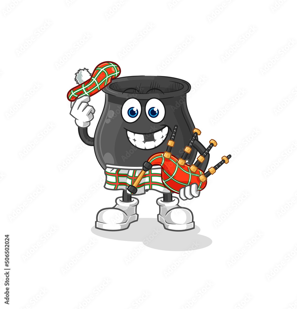 Fototapeta premium cauldron scottish with bagpipes vector. cartoon character