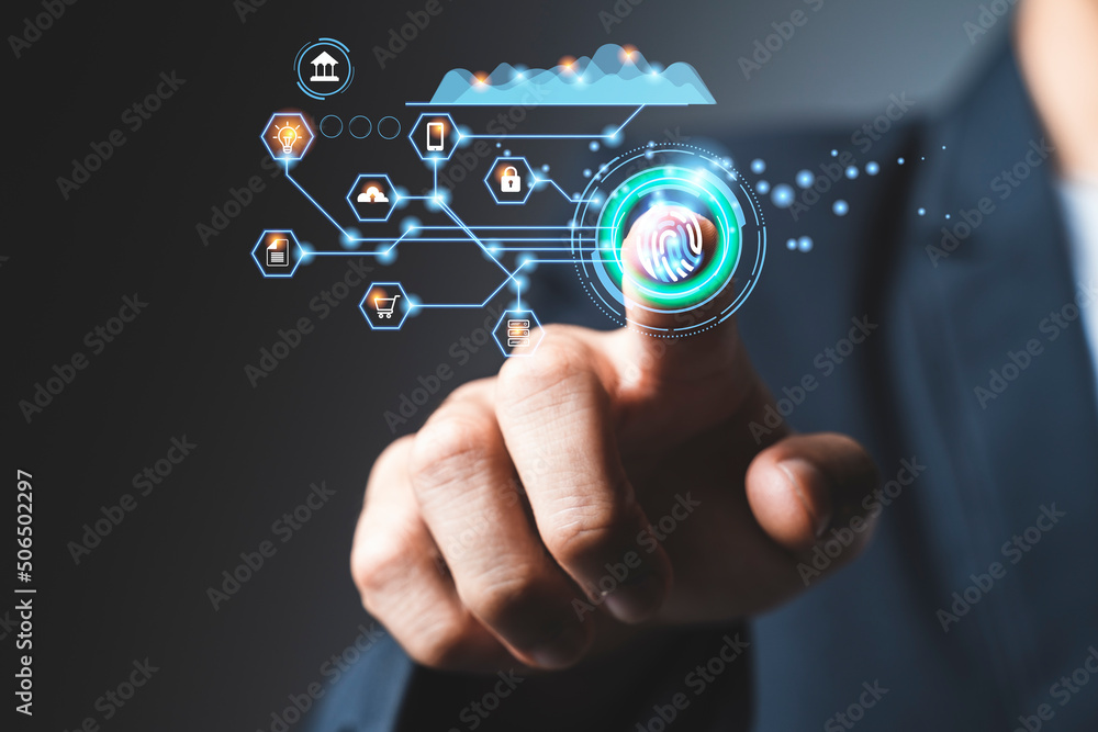 businessman scan fingerprint biometric identity, concept of the future of security and password control through fingerprints businessman scan fingerprint biometric identity, concept of the future of security and password control through fingerprints