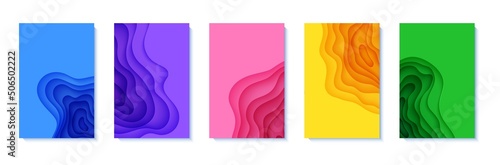 Set of five vertical flyers in cut paper style. Blue, green, yellow violet purple and pink template for posters, brochures, presentations, invitations with place for text . Collection of vector cards