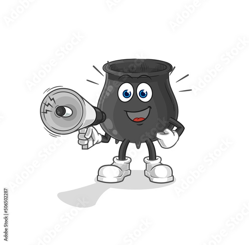 cauldron holding hand loudspeakers vector. cartoon character