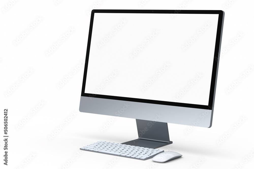 Realistic grey computer screen display with keyboard and mouse isolated on white Realistic grey computer screen display with keyboard and mouse isolated on white