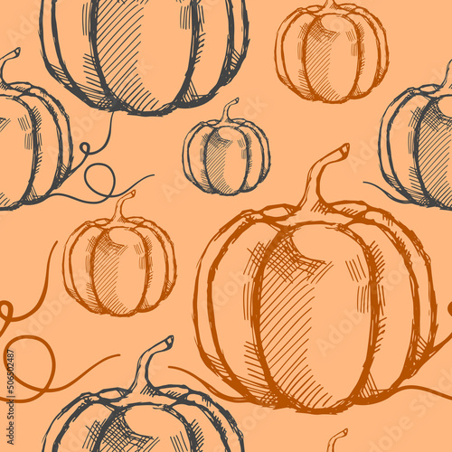 Vector seamless pattern with hand drawn pumpkins on bright orange background. Contour decorative composition for Halloween or Thanksgiving Day celebration. Loose hatching. Element for holiday design.