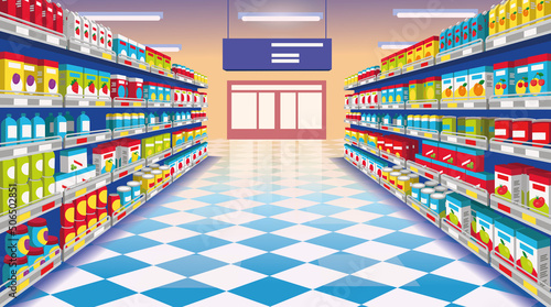 Perspective view of supermarket aisle. Supermarket with colorful shelves of merchandise and front door. Cartoon vector illustration