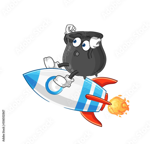 cauldron ride a rocket cartoon mascot vector