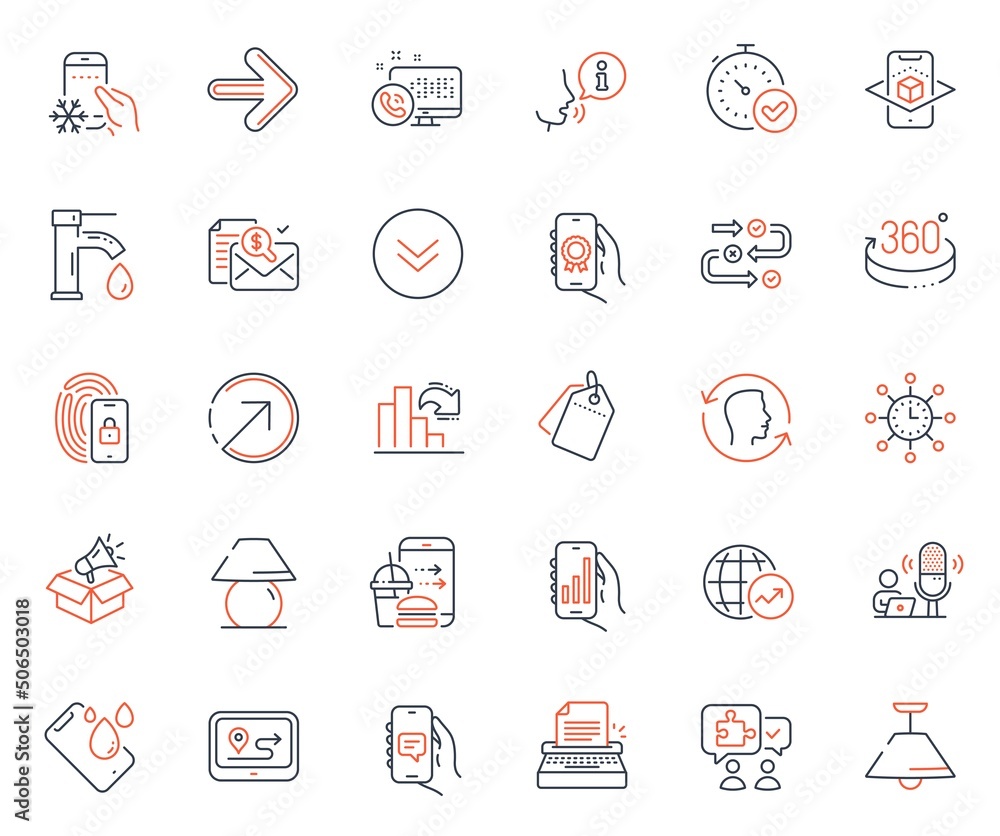 Technology icons set. Included icon as Analysis app, Chat app and Smartphone waterproof web elements. Tap water, Face id, Decreasing graph icons. Lock, Next, Augmented reality web signs. Vector Technology icons set. Included icon as Analysis app, Chat app and Smartphone waterproof web elements. Tap water, Face id, Decreasing graph icons. Lock, Next, Augmented reality web signs. Vector