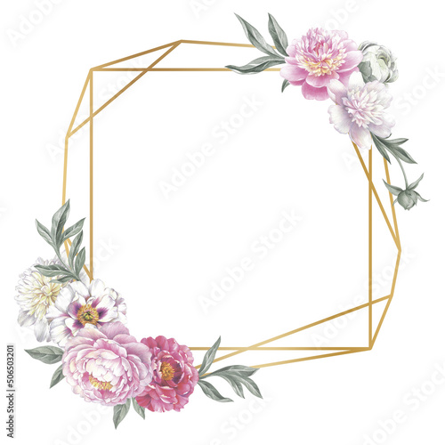Golden crystal-shaped frame with peonies. Floral template for a wedding invitation cards and greeting cards. Isolated object on white background. Hand drawn botanical illustration. 