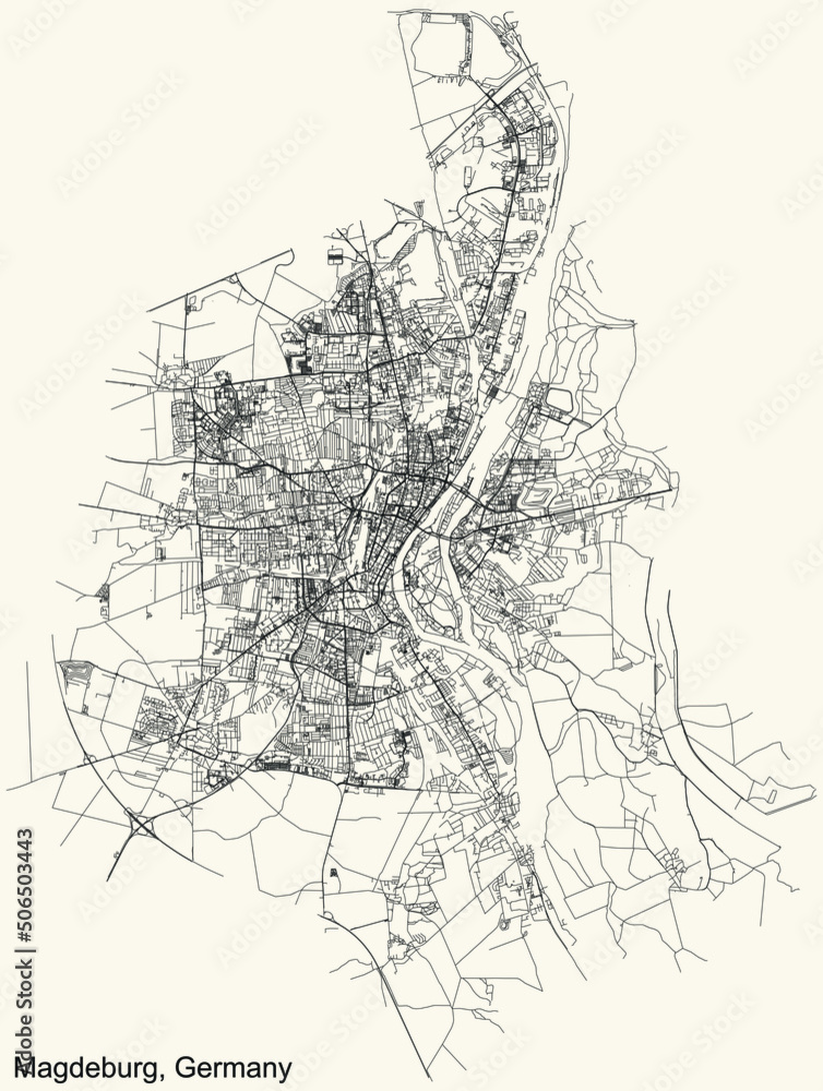 Detailed navigation black lines urban street roads map of the German regional capital city of MAGDEBURG, GERMANY on vintage beige background Detailed navigation black lines urban street roads map of the German regional capital city of MAGDEBURG, GERMANY on vintage beige background