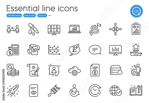 Creative painting, Startup rocket and Bureaucracy line icons. Collection of Copyright chat, Chemistry pipette, World statistics icons. Winner podium, Recipe book, Share web elements. Vector