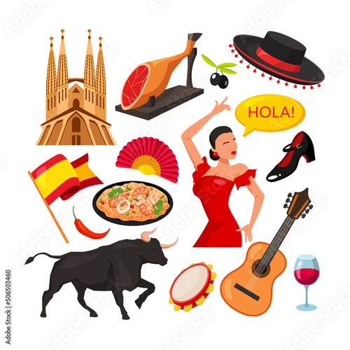Set of more than 12 Spanish symbols: bull, guitar, paella, wine, olives, architecture, flag, Jamon, and others