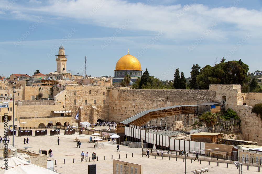 Western Wall and Dome of the Rock in the old city of Jerusalem, Israel. Wailing wall