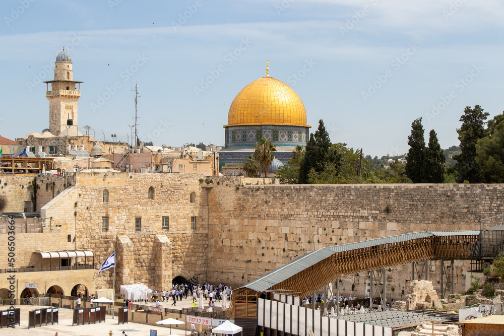 Western Wall and Dome of the Rock in the old city of Jerusalem, Israel. Wailing wall