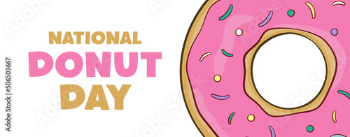 National Donut Day lettering with donut. Banner concept. Vector. Isolated on white background