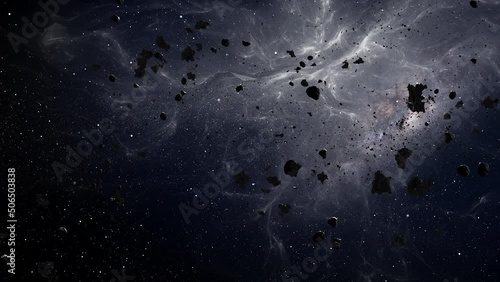Meteor Rocks Flying in space, Milky way Meteors rotating in deep space
3D rendering of deep space with massive asteroid field 
