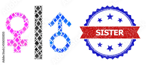 Vector jevel mosaic toilet gender sign icon, and bicolor textured Sister seal stamp. Red round stamp seal includes Sister title inside circle.
