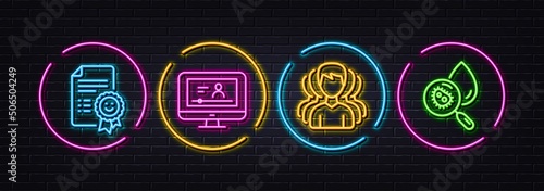 Online video, Smile and Group minimal line icons. Neon laser 3d lights. Water analysis icons. For web, application, printing. Video exam, Certificate, Headhunting service. Aqua bacteria. Vector