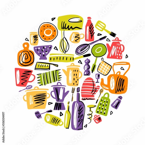 Round illustration in Scandinavian style of kitchen utensils, dishes and cutlery, hand-drawn