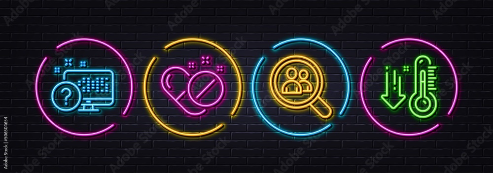 Search employees, Medical pills and Online quiz minimal line icons. Neon laser 3d lights. Low thermometer icons. For web, application, printing. Staff analysis, Drugs, Web support. Vector