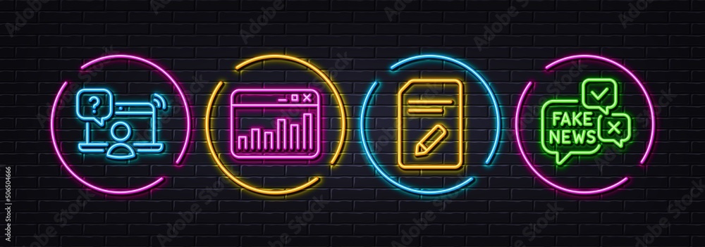 Edit document, Online question and Marketing statistics minimal line icons. Neon laser 3d lights. Fake news icons. For web, application, printing. Page with pencil, Remote work, Web analytics. Vector