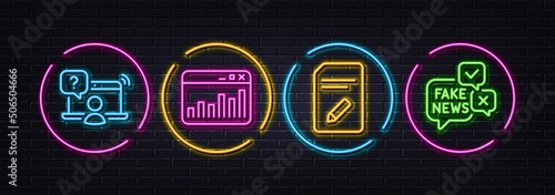 Edit document, Online question and Marketing statistics minimal line icons. Neon laser 3d lights. Fake news icons. For web, application, printing. Page with pencil, Remote work, Web analytics. Vector