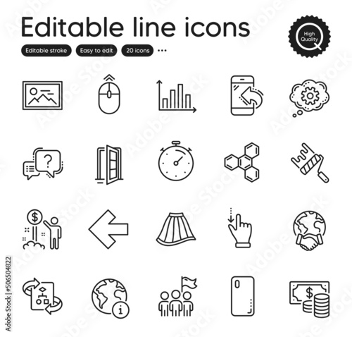 Set of Business outline icons. Contains icons as Chemical formula, Open door and Touchscreen gesture elements. Technical algorithm, Photo, Smartphone cover web signs. Global business. Vector