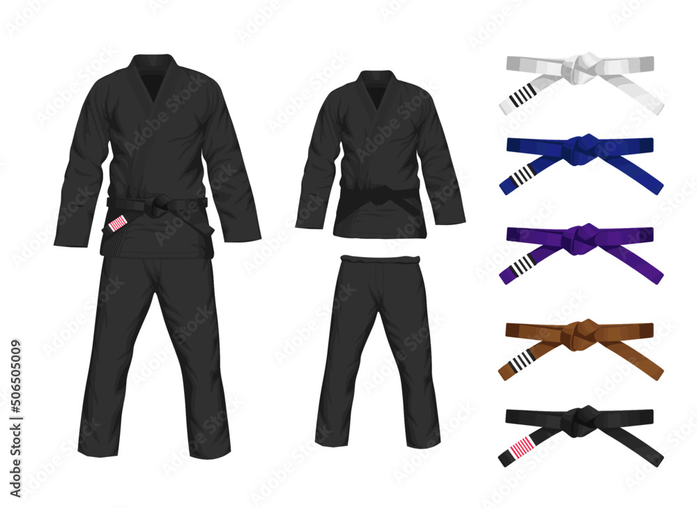 BJJ White Gi flat vector illustration. Kimono and pants with all belts  vector illustration in flat style. Brazilian Jiu-Jitsu kit. Isolated. on  black background. vector de Stock